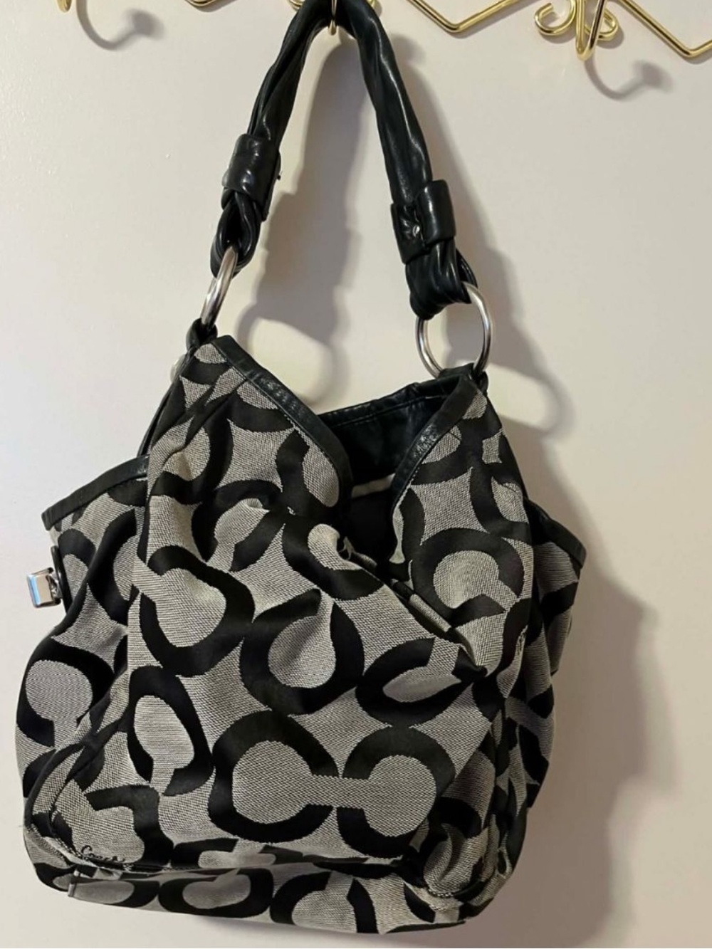 Coach Black and Gray Signature Canvas Shoulder Hobo